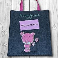 Freundebuchtasche mit Name - Wollfilz gefüttert - Text & Farben anpassbar - Motiv: Blumenbärchen