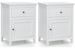 COSTWAY Bedside Table, Wooden Nightstand End Sofa Side Table with Drawer and Door Cabinet, Solid Wood Legs Modern Accent Coffee Tea Table for Living Room, Bedroom and Office (2, White)