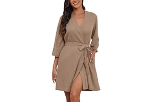PrinStory Womens Dressing Gown Waffle Soft Kimono Robe V-Neck Short Knit Bathrobe Nightwear Sleepwear