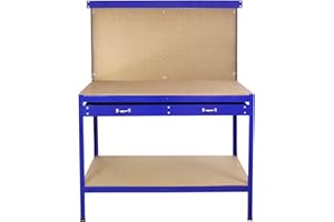 MONSTER SHOP Banco da Lavoro a 3 Livelli con Piano da 120x60cm Ultra Resistente e Pannello Parete Forata Porta Attrezzi Utensili e 40 Ganci universali GRATIS + 2 Mensole e Cassetto - Blu