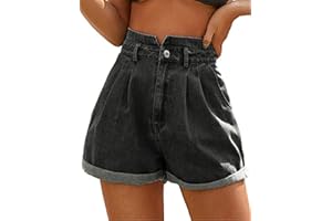 JASAMBAC Women's High Waisted Denim Shorts Rolled Hem Wide Leg Casual Jean Shorts with Pockets
