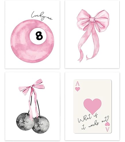 okaxscm Roze Coquette Trendy Preppy Wall Art Prints Set van 4, Coquette Kamer Decor, Preppy Kamer Decor Esthetisch, Roze Strik Disco 8 Bal Kersen Muurdecoratie Posters voor Meisjes Slaapkamer Dorm, 8 okaxscm Roze Coquette Trendy Preppy Wall Art Prints Set van 4, Coquette Kamer Decor, Preppy Kamer Decor Esthetisch, Roze Strik Disco 8 Bal Kersen Muurdecoratie Posters voor Meisjes Slaapkamer Dorm, 8