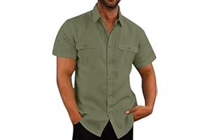 AEGJEGVD Linen Shirts Men Short Sleeve Button Down Casual Shirts Summer Hawaiian Lapel Blouses Cotton Linen Shirt Regular Fit Holiday Beach Shirt Solid Henley Shirt with Pocket UK Size 8-22 Clearance