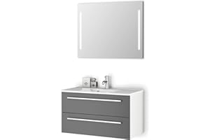 Sieper I Waschtisch mit Unterschrank 90 x 50 cm und Spiegel mit Beleuchtung, Badmöbel Set Libato I Arktisgrau