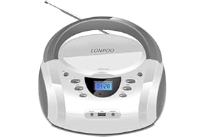 LONPOO Lector CD Portátil Blanco, Compacto Reproductor de CD Portátil con Altavoz Estéreo Mejorado, Entrada USB, Radio FM Portatil con Bluetooth, Entrada AUX y Conector para Auriculares
