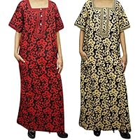 Mogul Interior 2 pc Women's Long Caftan Dress Printed Cotton Nighty Boho Night Wear Caftan XL Yellow,red