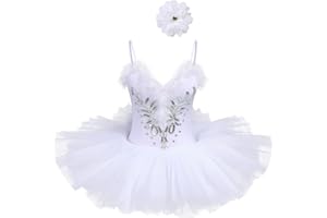 IDOPIP Women Adult Swan Lake Costumes Feather Rhinestone Camisole Professional Swan Ballet Tutu Skirt Hard Organdy Platter Performance Leotard Skirt with Hair Clip Ballerina Costume White