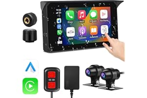 VSYSTO Moto Dash Cam, Lecteur de Voiture sans Fil et Voiture Portable Android, 5" IPS écran Tactile étanche, caméra HD 1080P Avant et arrière, capteur de Pression des pneus, Appareil de Navigation