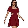 Aahwan Solid Summer Beach Square Neck Puff Sleeve Cut Out Waist Mini Dress For Women's & Girls