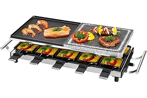 PROFI COOK ProfiCook Grill raclette 2in1, raclette 10 persone, raclette con piano in pietra e piano cottura, antiaderente, impugnature isolate termicamente, termostato continuo,1700 Watt, acciaio inox,PC-RG 1144