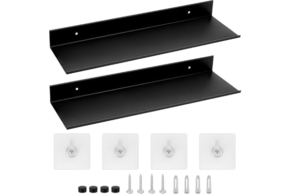 QWORK® 2-pack svarta vägghyllor 40 cm metall flytande hyllor för hem och kontor, inklusive självhäftande spikar ingen borrning