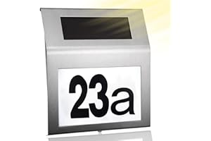 Meision Hausnummer Beleuchtet Solar Edelstahl Hausnummer mit 2 LEDs Solarhausnummer für Außen mit Dämmerungsschalter IP65 Wasserdicht mit Nummern 0-9 und Buchstaben a-h