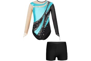 Oyolan Enfant Fille Justaucorps Gymnastique Strass Brillant Manche Longue avec Short Gym Ensemble Danse Patinage Performance 5-14 Ans