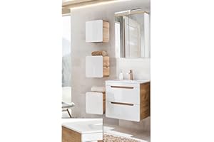 Lomadox Badezimmermöbel Set Hochglanz weiß mit Wotan Eiche Nb., 61 cm Waschtischunterschrank mit Keramik-Waschtisch, LED-Spiegelschrank & 3 Hängeschränke