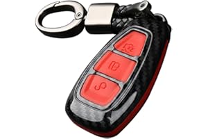 Happyit ABS Fibra de Carbono Shell + Silicona Llave del Coche Cubrir Caso Llavero para Ford Focus Mondeo Edge Fiesta Kuga Mondeo MK4 Fusion Escort Ecosport (B Fibra de Carbono + Rojo)