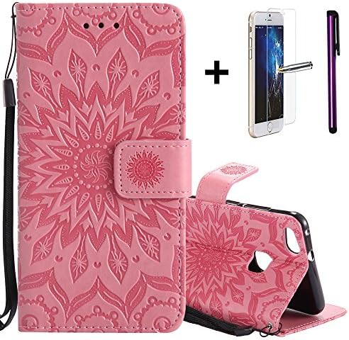 Huawei P10 Lite (2017) Wallet Case Cover [With Free Tempered Glass Screen Protector + 1 Stylus Pen] NEWSTARS Premium Soft PU Leather Notebook Wallet Embossed Mandala Florals Sun Flower Design Case Kickstand Function Card Holder Slot &amp; Wrist Strap Slim Flip Protective Skin Cover Phone Case for Huawei P10 Lite 5.2". KT- Mandala Pink