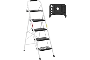 BONTEC 4 Step Ladder with Wide Anti-Slip Pedals, Folding Step Stool Capacity 150KG, Sponge Handrail, Strong and Solid Portable Ladder Suitable for Home, Kitchen, Pantry, Indoor/Outdoor Use, White