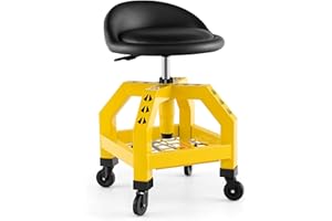 GOPLUS Taburete de Taller con Ruedas, 67-80 cm Altura Ajustable, Taburete Mecánico con Bandeja para Herramientas y 4 Ruedas Universales, Carga 150 kg, Asiento Giratorio para Garaje Taller (Amarillo)