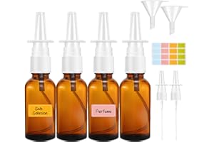 AILVOR Nasenspray Flasche Leer, 4 Stück Glas Nasensprayflasche, 30ml Nasen Sprühflaschen, Wiederverwendbar Nachfüllbare Zerstäuber mit Düsen, Trichter, Etiketten für Parfüm,ätherische Öle,Kochsalzlösung