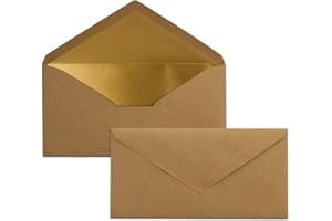 ‎NEUSER PAPIER 15 Brief-Umschläge DIN Lang - Vintage-Umschläge mit Gold-Metallic Innen-Futter - 110 x 220 mm - Nassklebung - festliche Kuverts für Einladungen