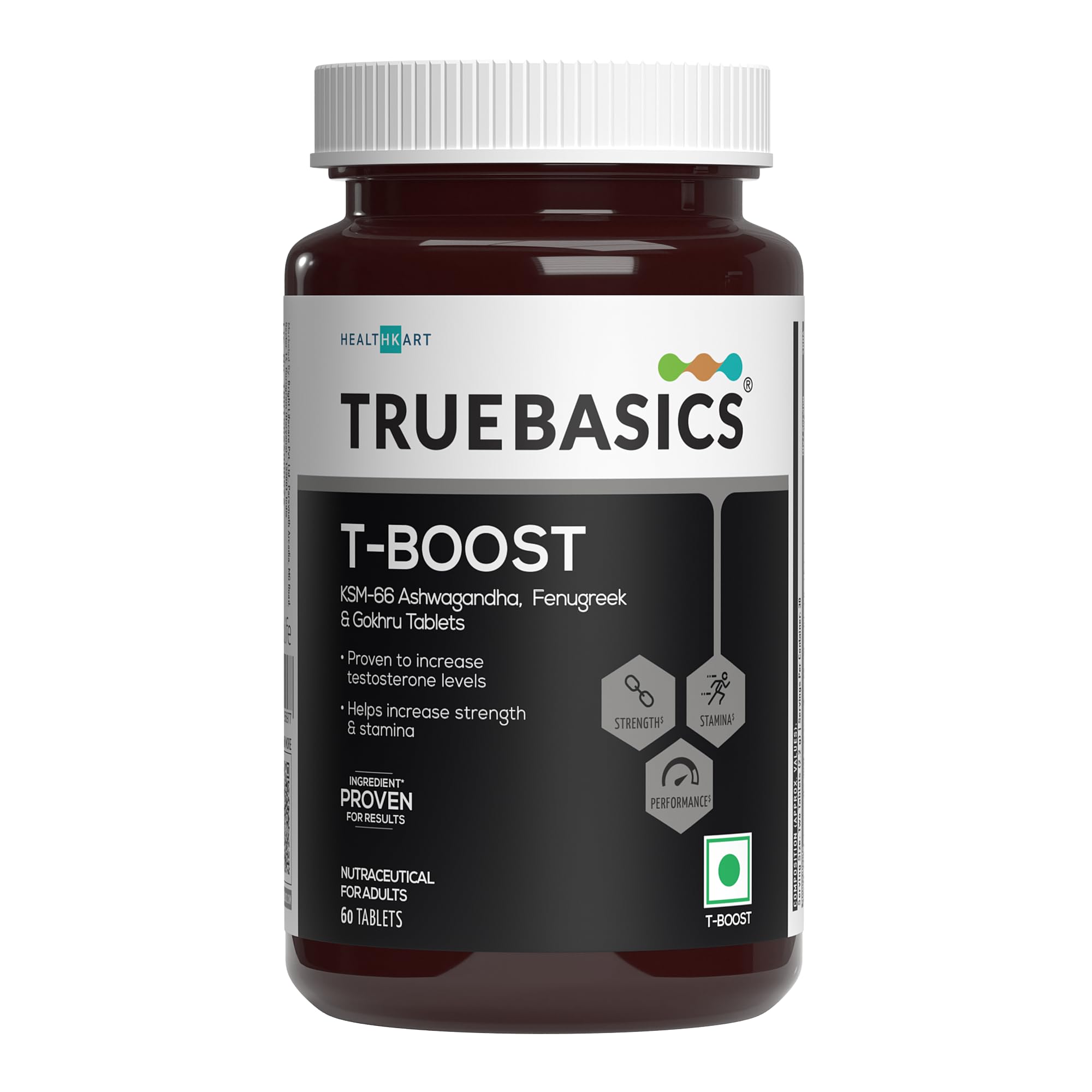 TrueBasics T-Boost, Testosterone Supplement for Men (60 Tablets) | With KSM 66 Ashwagandha, Safed Musli, Gokshura, & Ginseng 