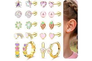 CASSIECA 10 Paar Hypoallergene Ohrringe mit Schraubverschluss für Mädchen Kinder Creolen Medizinische Ohrstecker Regenbogen Herz Blume CZ Chirurgenstahl Ohrringe Set