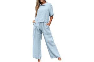 HAOLEI Set Lino Estivo Tuta Donna di Grandi Dimensioni Estate Set da 2 Pezzi e Pantaloni Lunghi con Coulisse Set di Due Pezzi di Lino e Cotone Leggero Confortevole da Casa Manica Corta T shirt + Pantaloni