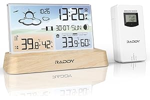 Raddy DT6 Station météo sans Fil avec horloge radio-pilotée DCF, écran couleur numérique pour, thermomètre hygromètre, station météo pour la maison avec prévisions météo et baromètre
