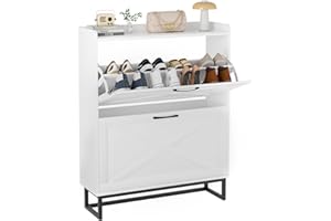 FiveWillowise Schuhschrank mit 2 Klappen, Schuhregal für Flur, schmaler Schuhkipper mit 4 Ablageflächen Schuhkommode mit Metallfüßen, Schuhaufbewahrung Holz Wand, 80x23,8x101,7 cm, Weiß