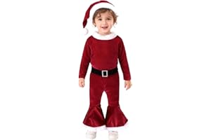 TAGVO Costume Babbo Natale Bambina, 3 Pezzi Velluto Top + Pantaloni + Cappello Set, Vestito Natalizio Elfa di Babbo Natale Bambini 1-9 Anni