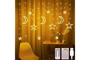 Arespark Rideau Lumineux Ramadan, 3,5M Guirlande Lumineuse Étoile Lune Décoration Fenêtre, IP44 Intérieur 8 Mode Rideau Lumières pour Fenêtre Soirée Fête