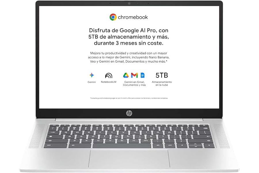 HP Chromebook - Ordenador portátil de Google 14" FHD (Intel N100, 8GB RAM, 128GB eMMC, ChromeOS) + Suscripción Google AI