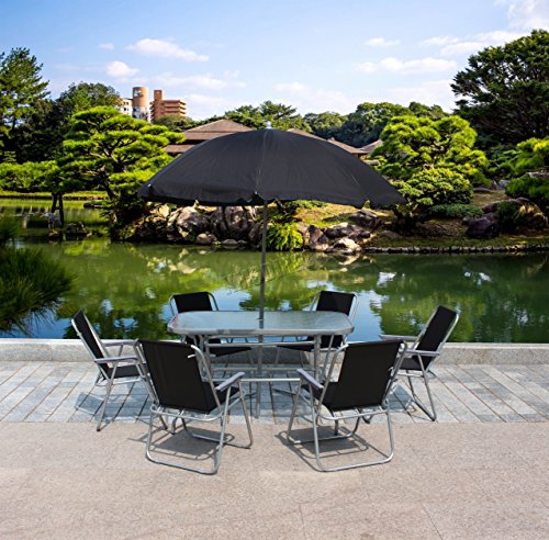 BIRCHTREE Garden Patio Table Set 6 Chairs With Parasol Black 8 Piece Outdoor Dining Furniture Seating GTS02