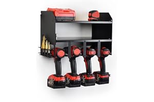JBI MegaMaxx Power Tool 2-Shelf Storage Unit & Charging Station for 4 Drills - Wall Mount Toolbox and Accessories Rack Cabinet for Workshop, Garage, Shed