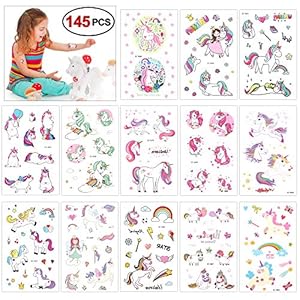 Konsait 145 Tatuajes temporales Unicornio, Fiesta Unicornio Arco Iris Tatuajes Pegatinas para Niños Niñas Fiestas Infantiles Cumpleaños de Niños Regalo Piñata (13 Unidades)