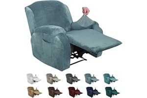XINEAGE 4 Pieces Velvet Recliner Slipcover Stretch Recliner Chair Cover with Side Pocket Anti-Slip Fitted Recliner Cover Couch Furniture Protector with Elastic Bottom (Recliner, Stone Blue)
