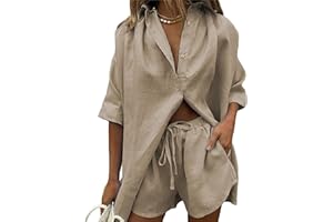 Siyova Completo da Donna in Cotone e lino Tinta Unita Camicia con Bottoni a Mezza Manica + Pantaloncini con Coulisse Completi Estivi Casual 2 Pezzi