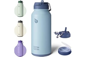 BOTTLEBOTTLE BOTTLE BOTTLE Botella de agua aislada de 32 onzas, botella de agua deportiva de acero inoxidable con pajilla, diseño de tapa de doble uso para gimnasio con pastillero (azul)