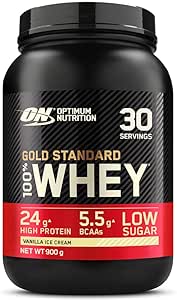 Optimum Nutrition Gold Standard Whey Protein Powder Muscle Building Supplements With Glutamine and Amino Acids, Vanilla Ice Cream, 30 Servings, 900g, packaging may vary