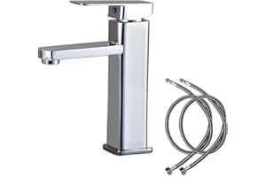 ORTVIAI Grifos Monomando para Lavabos de Baño, Grifo Bañera Alto Cascada, Agua Fría y Caliente con Dos Mangueras (plata)