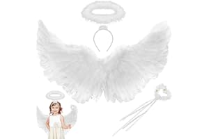 Shinybox Kostium skrzydła anioła, 60 cm, skrzydła haka z aureolą i magiczną różdżką, białe skrzydła, skrzydła anioła, dekoracja na imprezę, karnawał, bal przebierańców, kostium cosplay