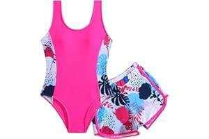 Xumplo Girls Swimming Costume Tween Girl One Piece Swimsuit with Shorts Young Girls Floral Swimwear Bathing Suit