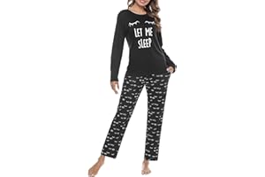 Uniexcosm Pijamas Mujer, Pijamas Mujer Gato Pijamas para Mujer Algodon de Manga Larga Ropa de Casa Dormir Estampado en Cuello Redondo Pijama Mujer 2 Piezas Suave para Casual