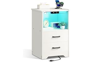 Coleshome Mesitas de Noche, Mesita de Noche Blanca con 2 Enchufes y 2 Puertos USB, LED de 10 Colores, Mesa de Noche Dormitorio con 2 Cajones de Madera y un Espacio de Almacenamiento, 1 Paquete