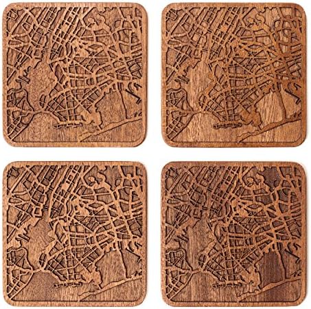 New York Map Coaster, Set of 4, Sapele Wooden Coaster with City Map, Handmade