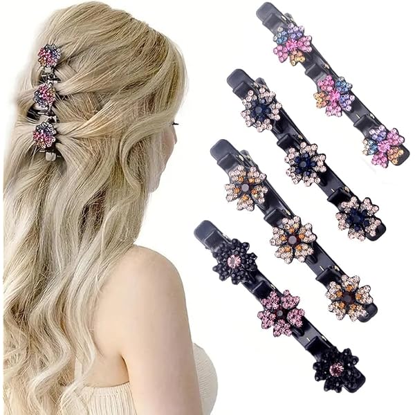4 Stück Doppelschicht Haarspangen Mit Kristallblume – Kolibri Design, Glitzernd, Für Damen & Mädchen