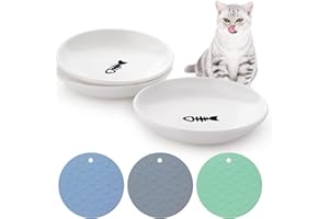 DORAKITTEN Ceramic Cat Food Bowl Plates: 3PCS Wet Cat Food Bowls Whisker Fatigue Cat Dishes & Shallow Bowls for Kittens with Bowl Mats