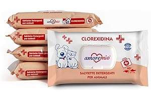 Amore Mio | 200 Salviette Igienizzanti e Purificanti, alla Clorexidina Extra Large, per il manto di Cani e Gatti, 30x20 cm - 5 Confezioni da 40 Salviettine