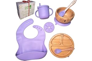 Claudi Home@ Coffret repas bebe en Bambou Naturel et Silicone Sans BPA - Vaisselle bebe - Bol et Assiette Bambou Antibactérien avec ventouse, Bavoir, Fourchette, Cuillère et Tasse Silicone alimentaire