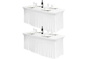 FXKS 2 Stück Spandex Tischröcke,183 x 76cm Weiß Stretch Tischdecke mit Rock Waschbare Tischrock für 6Ft Rechteck Tische, Einziehbare Tischabdeckung für Hochzeiten Bankette Messen